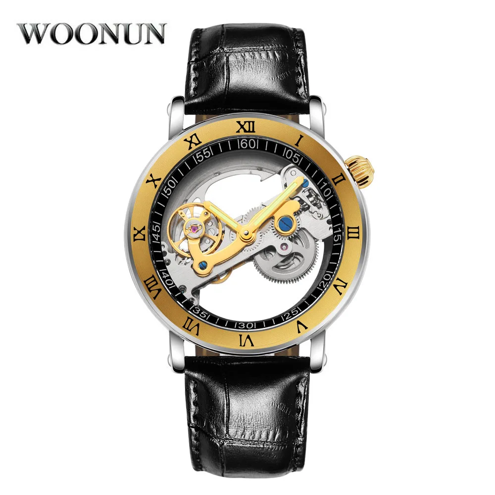 luxury mechanical watch cheap Luxury Brand WOONUN Leather Strap Transparent Dial Golden Case Mens Watches Automatic Mechanical Orologio Men mechanical watch movement