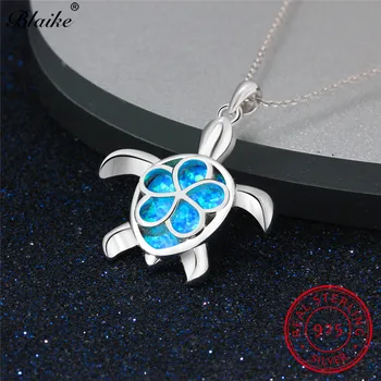 

Blaike Blue Fire Opal Cute Turtle Pendants 100% Genuine 925 Sterling Silver Necklaces For Women Flower Charm Birthstone Jewelry