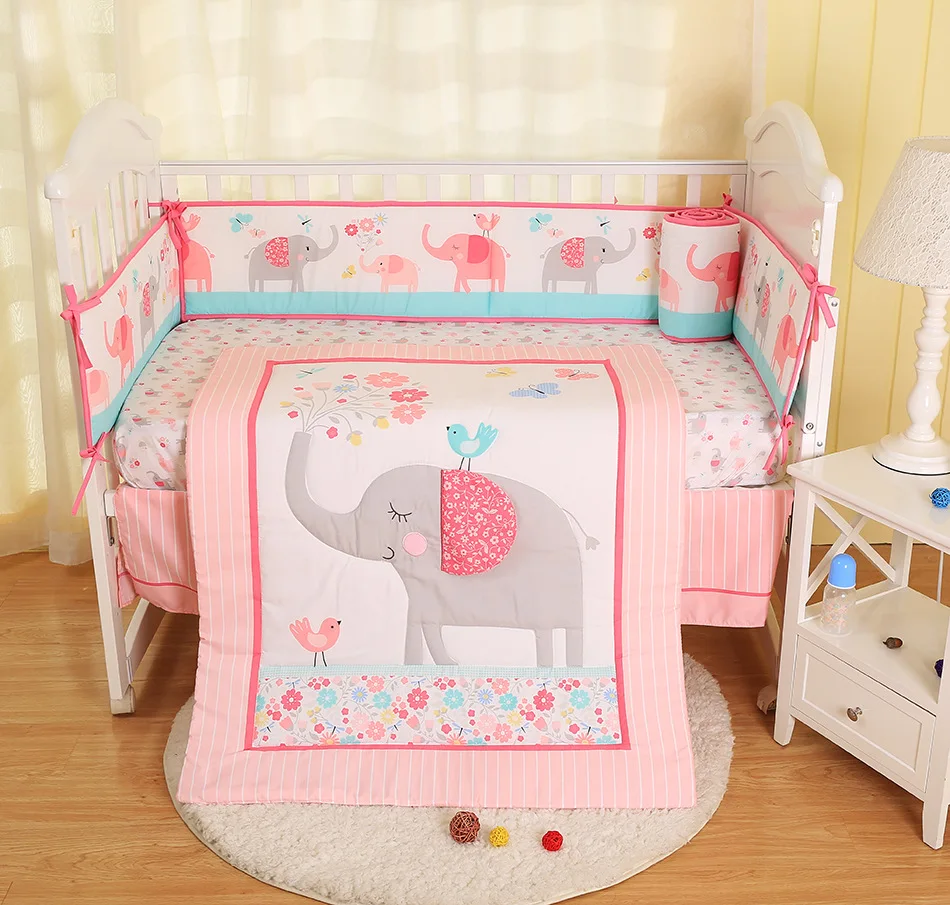 Promotion! 7pcs pink elephant cotton baby bedding crib bedding bed