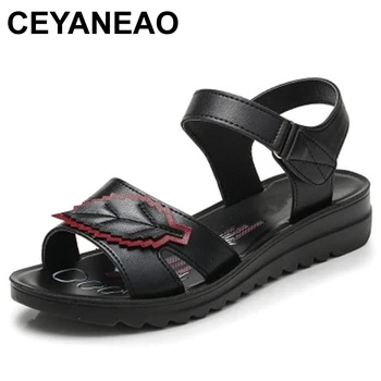 

CEYANEAO Summer new fashion Woman sandals mother large size Flat leather Sandals slip comfort elderly Soft bottom sandalsE1664