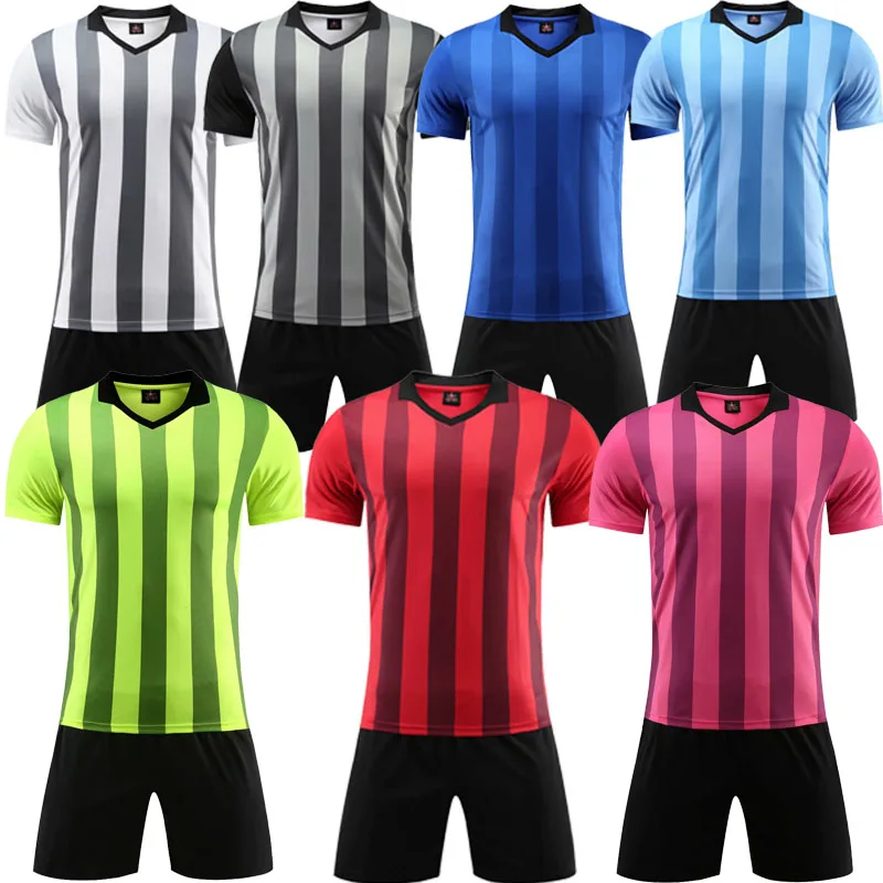 Kids blank short  sleeve soccer jerseys  boys stripe football jersey and shorts youth plain soccer sets customize any logos