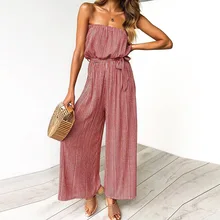 Wide Leg Overalls Fashion Women Striped Print Sleeveless Tie Up Back Long Pant Jumpsuit mock neck tie open back flare leg jumpsuit