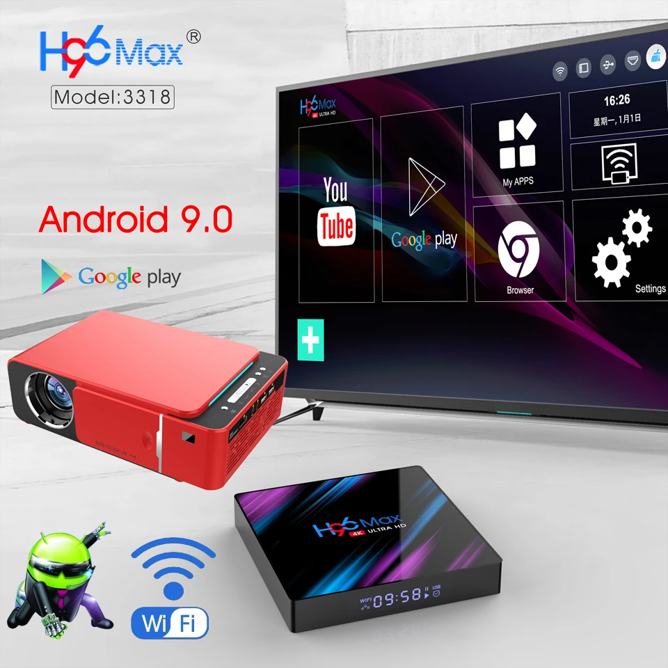 WZATCO T6 Android 9,0 wifi дополнительно 3000 люмен 720p HD Портативный светодиодный проектор HDMI Поддержка 4K 1080p проектор для домашнего кинотеатра