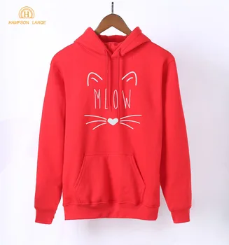 

2019 Spring Autumn Kawaii Meow Sweatshirts Women's K-pop Hoodie Pink Warm Fleece Hoodie Black White Gray Pink Red Blue S-XXL
