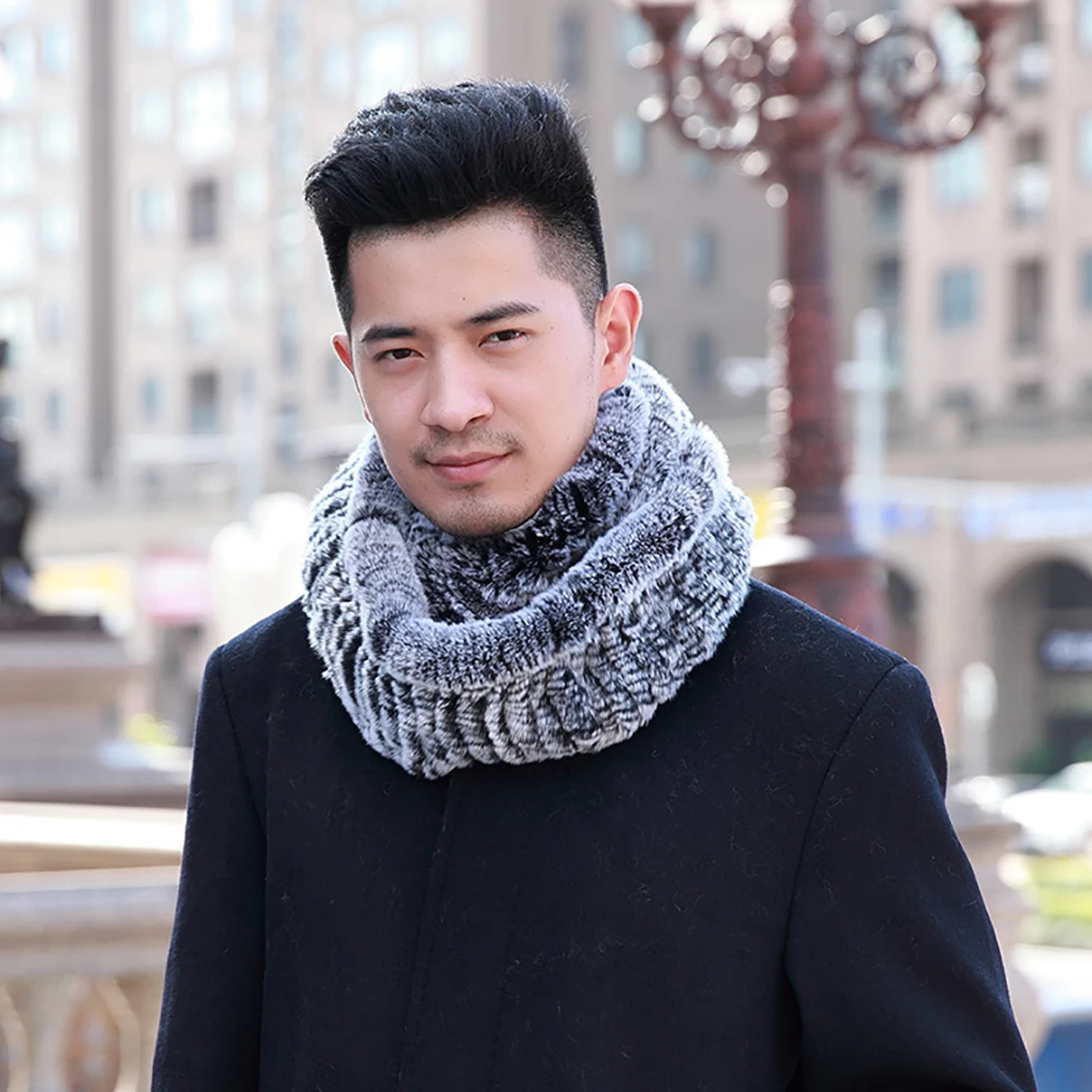 

YCFUR Men Scarves Wraps Winter Knit Natural Rex Rabbit Fur Neck Scarf Male Elastic Soft Warm O Ring Scarves For Men Dad Scarf
