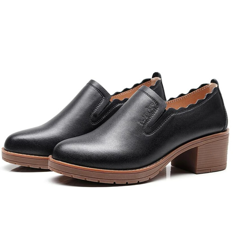 

White Black Genuine Leather Shoes Block Heels Pumps Slip On Women's Pumps High Heels Shoes For Ladies OL Work Fashion 2019