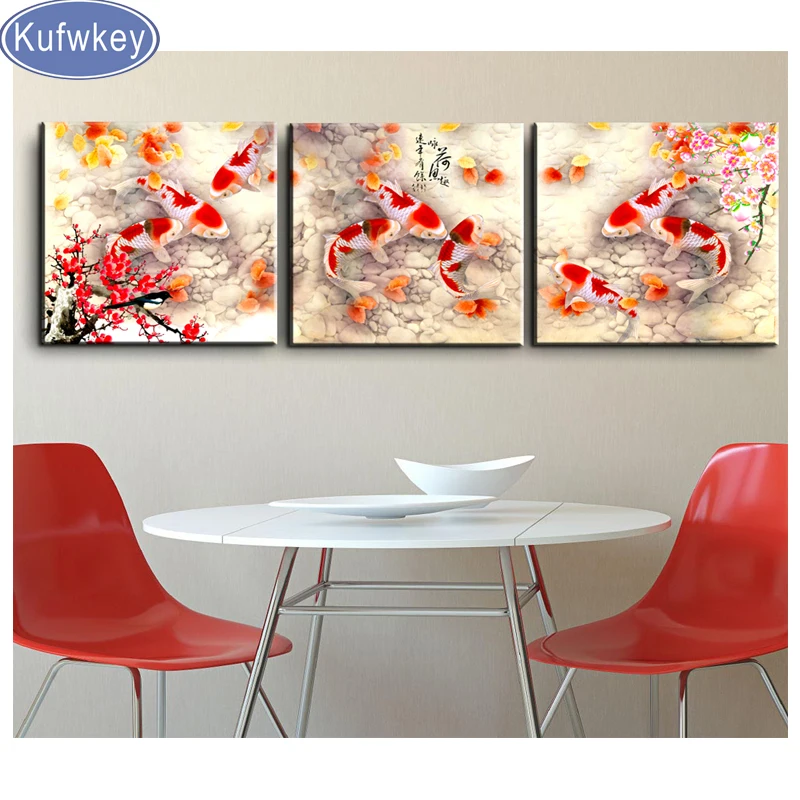 

3 pcs Diamond Painting Koi fish Plum blossom 5d diamond Full Square Diamond Embroidery triptych 3d Cross Stitch Home Decor arts