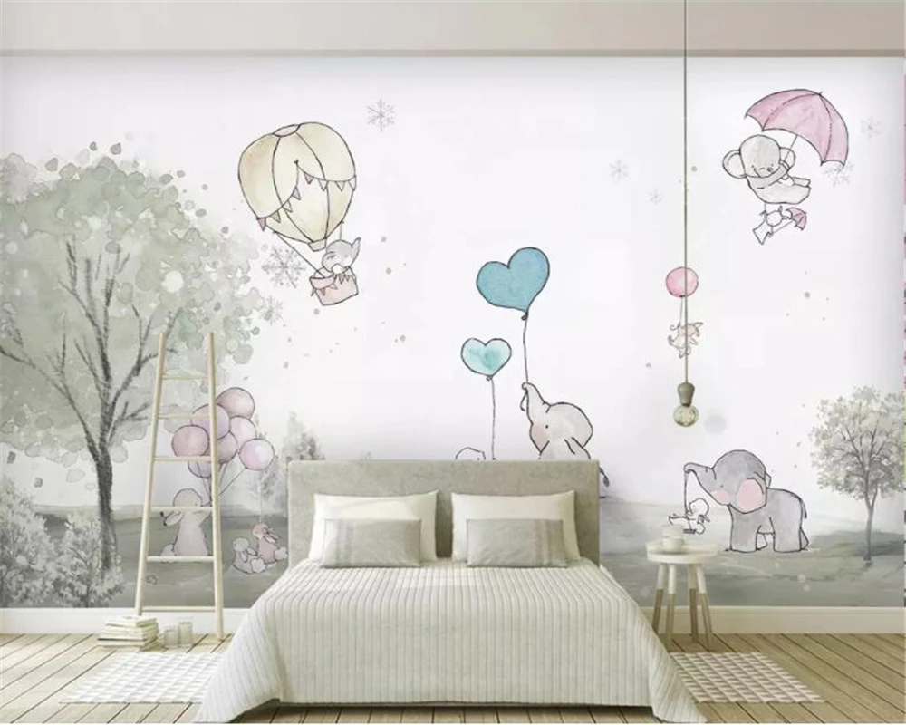 Beibehang مخصص 3d خلفيات جميل الكرتون الفيل الكرتون الدب الهواء الساخن بالون الحيوان غرفة حائط الخلفية 3d خلفيات