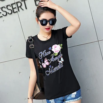 

Beauty Flower Printed Lady Cotton T-Shirts BIG SIZE l-5XL Short Sleeve O-Neck Style Tees Women Summer Women Black Casual Tops