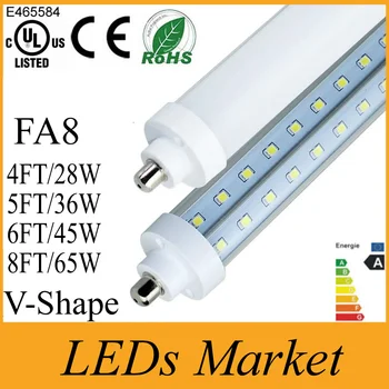 

V-Shaped 4ft 5ft 6ft 8ft Single pin FA8 LED Tube Lights T8 Double sides Chip LED Fluorescent Tube Lamps AC85-265V UL cUL