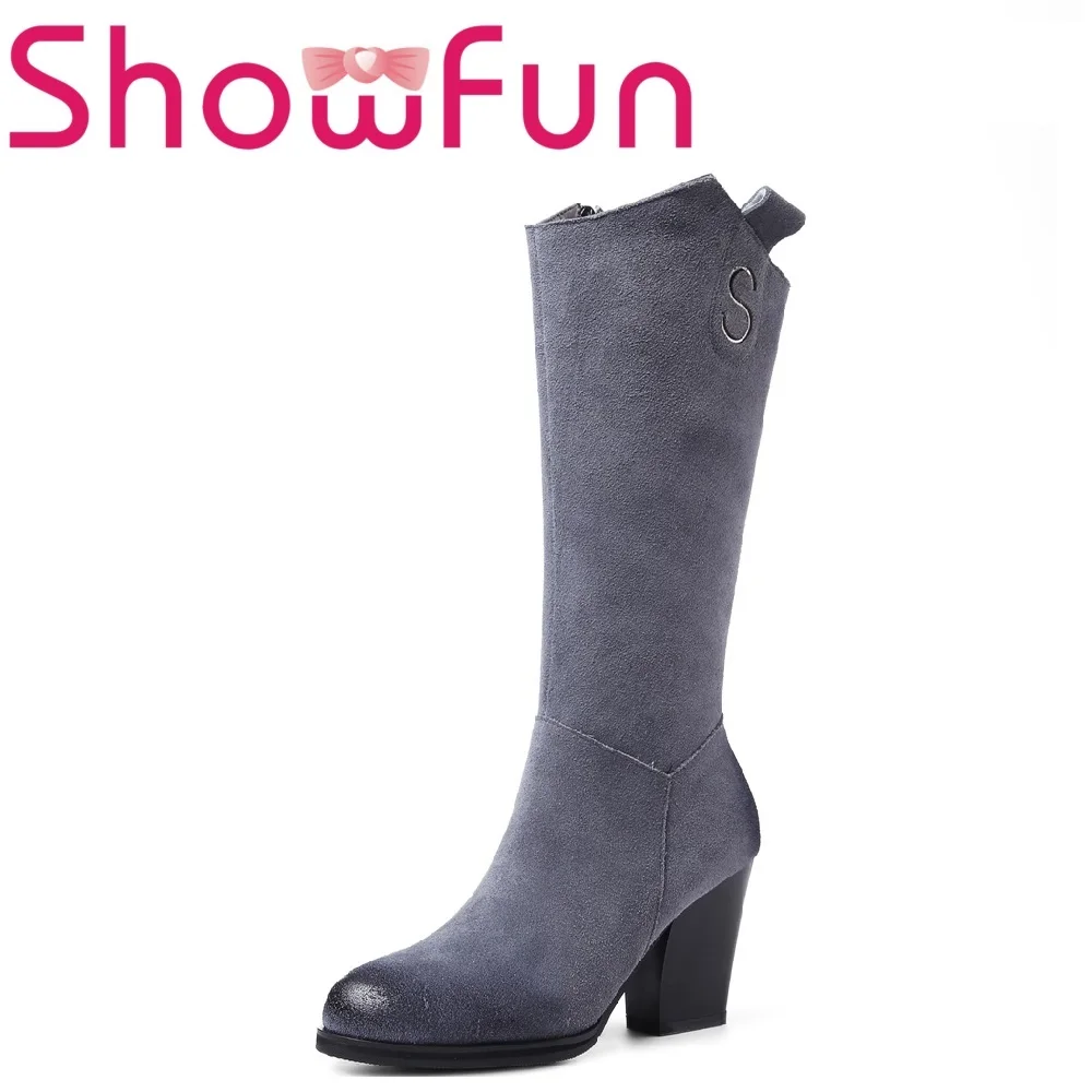 

Showfun genuine leather shoes woman winter solid mid-calf round toe zipper short plush square heel boots