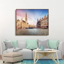 Laeacco Canvas Painting Calligraphy Brussels Grand Place Posters and Prints Sunrise Belgium Wall Pictures Living Room Decoration