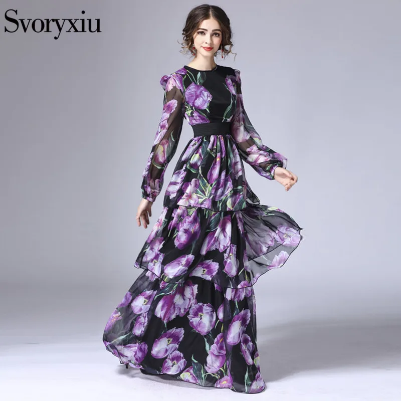 Женское длинное платье Svoryxiu, черное элегантное винтажное платье с сиреневым цветочным принтом и каскадными оборками на лето - Цвет: Фиолетовый