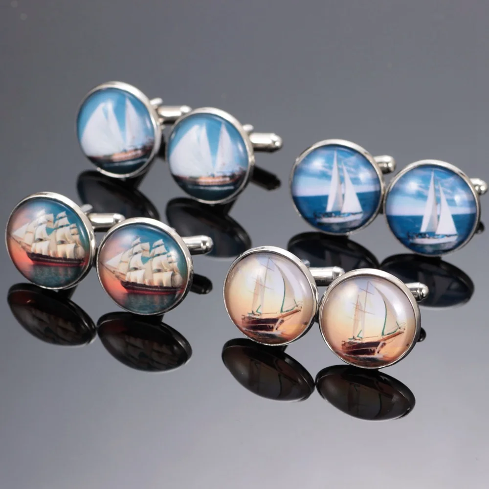 

New Arrivals Mixed Pattern Sailing boat Silver Plated Cufflinks for men and women 18mm glass Cufflinks for mens XK0006a-d
