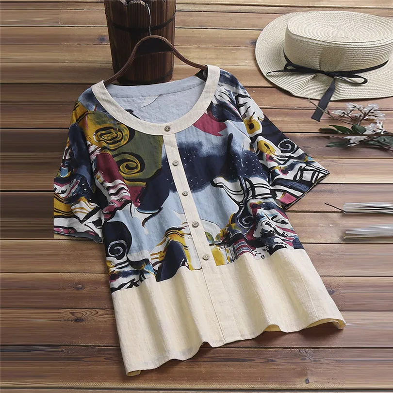 New Women Fashion Summer Vintage O-Neck Art Printing Casual Daily Half Sleeve Button Cotton Top  Blouse Tops #4A25 (2)