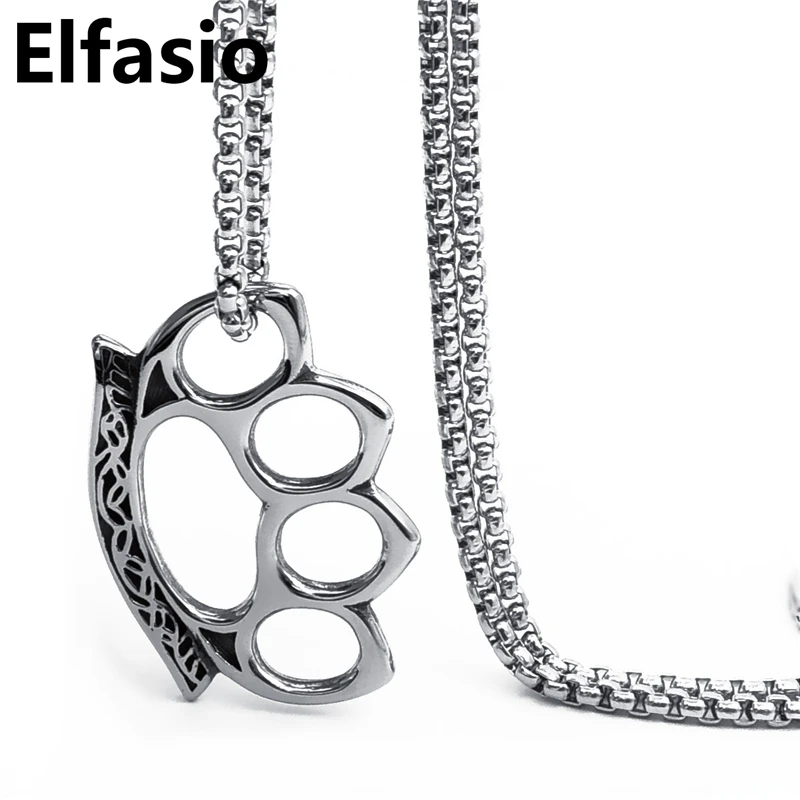 Elfasio Mens Large Double Silver Tone Skulls Stainless Steel Biker Pendant Necklace Chain Length 20-30inch