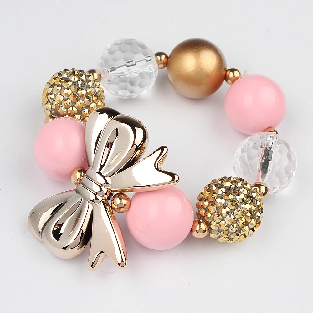 GAGABODY 2017 Lovely Pink Chunky Bracelet with Gold Color Bowknot 1PC Chunky Beaded Bracelet