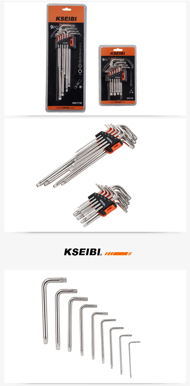 KSEIBI 9 шт. торцевой ключ Torx, набор, удлиненный торцевой гаечный ключ, метрический хром-ванадиевый драйвер, инструмент L типа со стойкой T9-T40