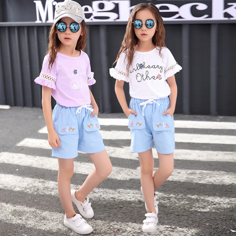 Girl Short sleeved t shirt+shorts 2Pcs print pattern Embroidery Children Tracksuit kids clothing