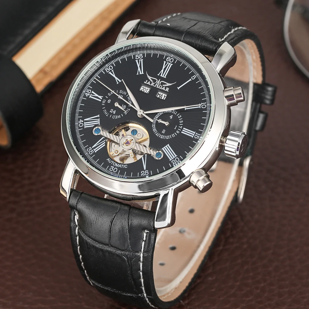 Роскошные Механические часы Tourbillon с автоматическим заводом черные кожаные