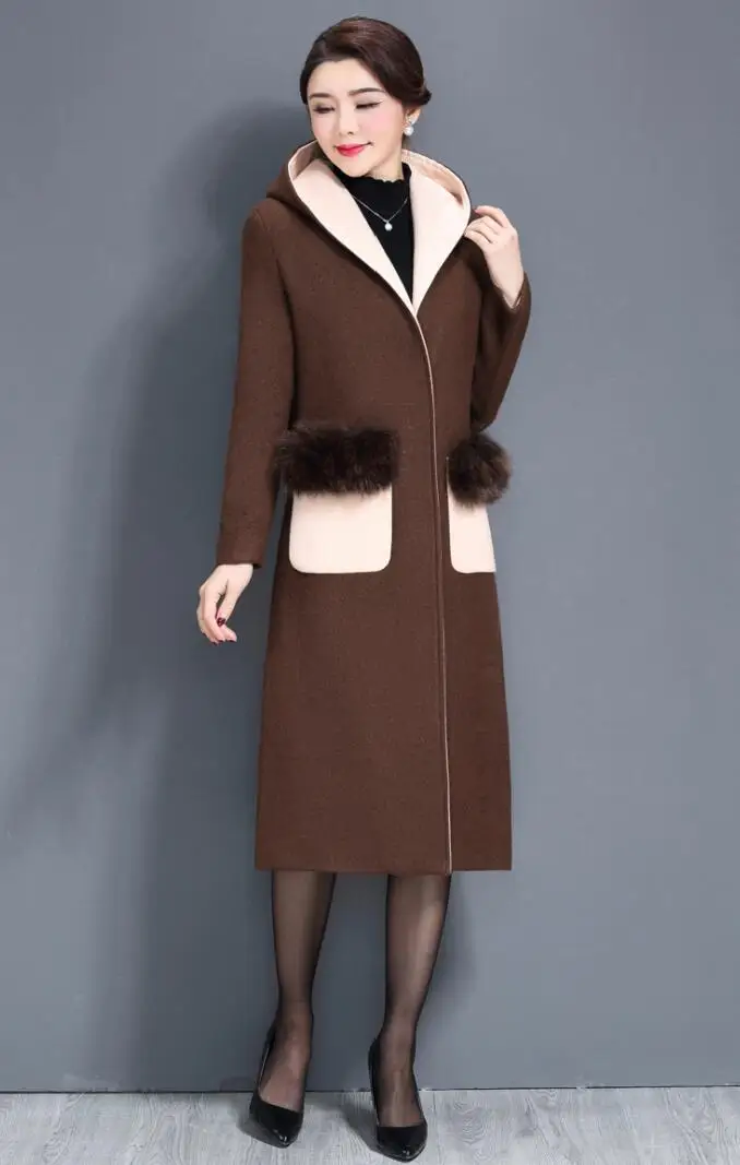 Новая модная верхняя одежда, Женское пальто с капюшоном, воротником и длинным рукавом, цветное, с невидимой пряжкой, длинное шерстяное пальто с меховыми карманами