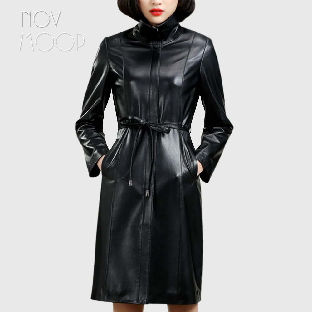 

Black genuine leather coats Lambskin windbreaker Long trench coat adjustable waist decor abrigos mujer casaco feminino LT605