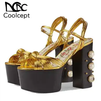 

CoolCept Women High Heel Sandals String Bead Thick Heels Fashion Buckle Gold Sandals Sexy Party Summer Shoes Women Size 34-42