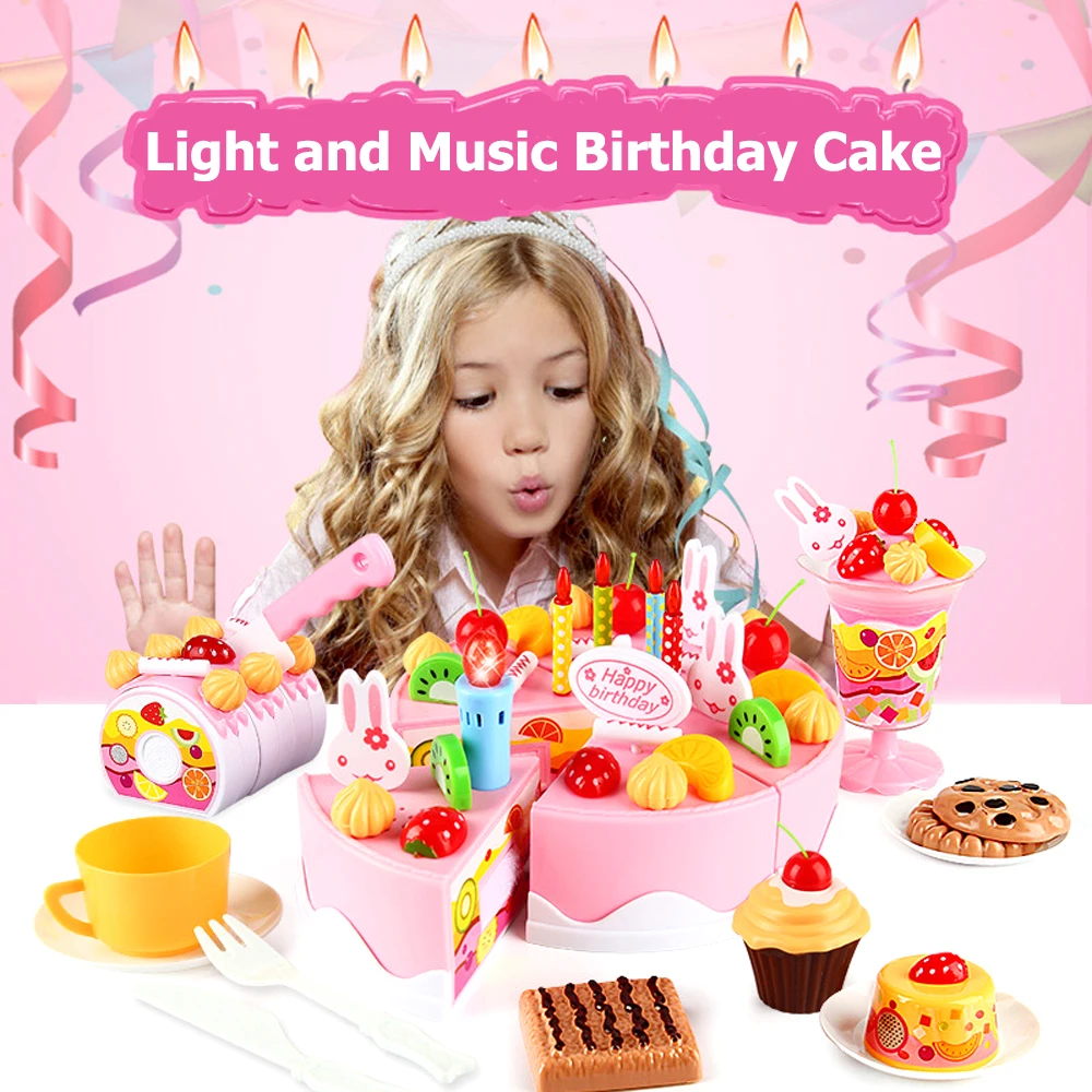 37/54/75pcs Pretend Play Birthday Cake with Music Light DIY Fruit