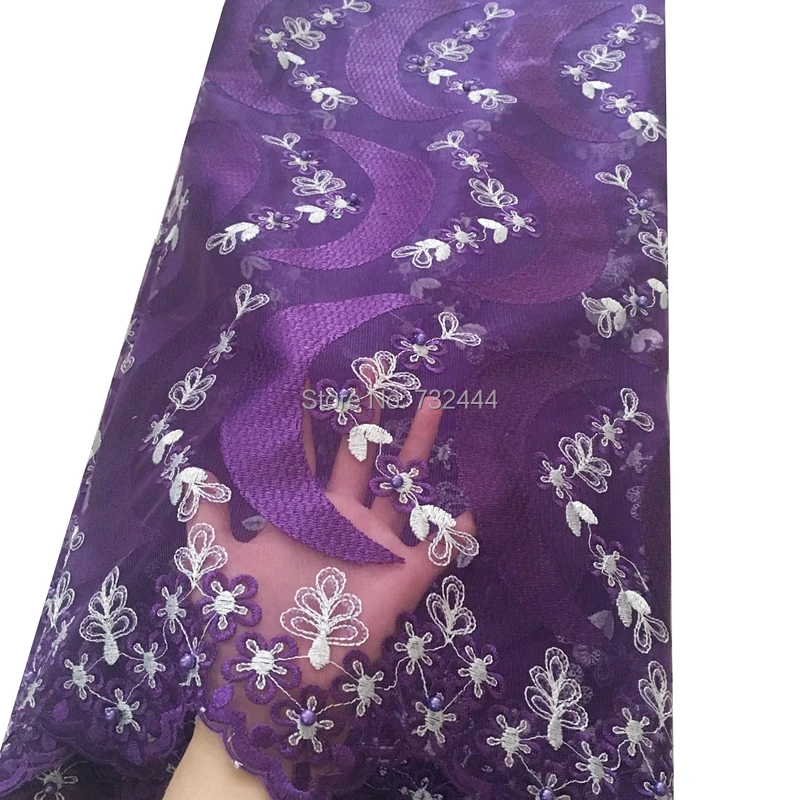 Roxo do casamento nigeriano aso ebi francês de alta qualidade de tule de renda com pedras beads adorável malha rendas tecido bordado