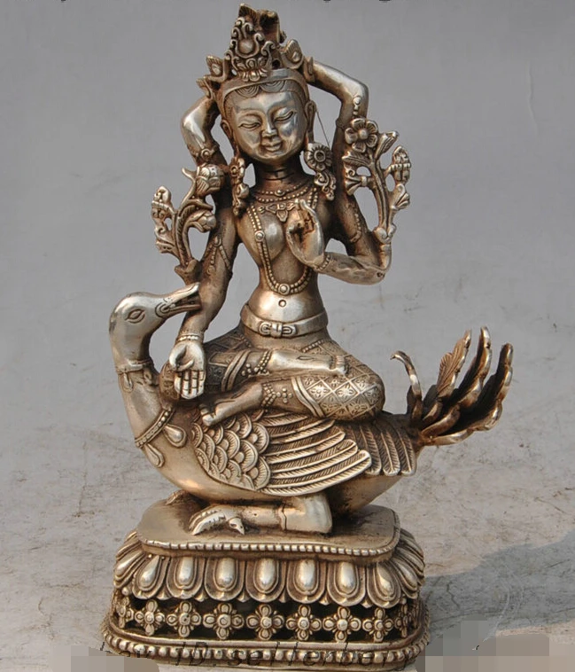 

8" Tibet Silver Buddhist 4 Arms Kwan-yin GuanYin Goddess Buddha Ride Duck Statue (B0328)