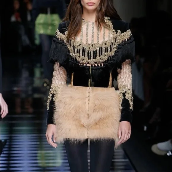 

2018 Women Runway inspired fringe Crop top GOLD BLOUSE SHIRTS LONG SLEEVE SHORT WIASCOAT