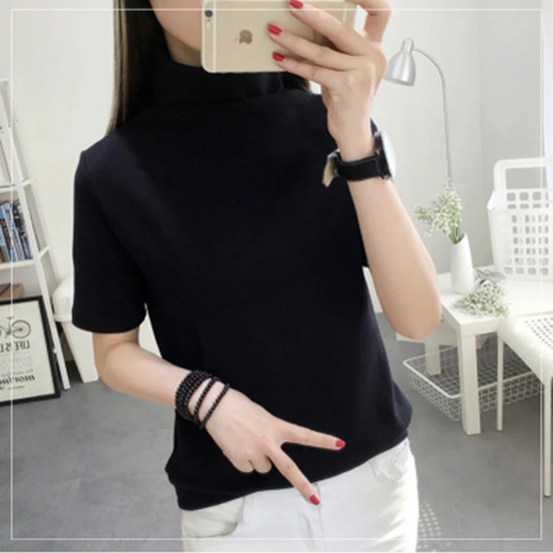 womens top Gauze Short sleeve Turleneck t shirt all match tee black gray white t shirt women bts Tops