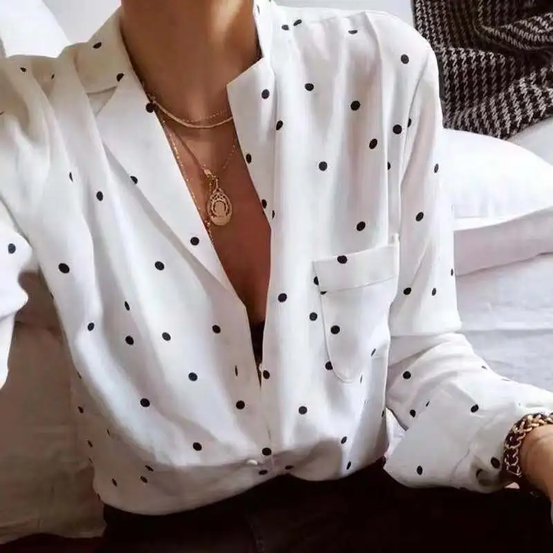 

Silk 100% White Dots Print Blouse Shirt With Notched Neck & Long Sleeve - Bopstyle 2019 Spring Summer Women Shirt Top