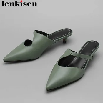 

Lenkisen simple style slip on mules kitten heels oxford pointed toe European designer natural leather elegant brand shoes L25