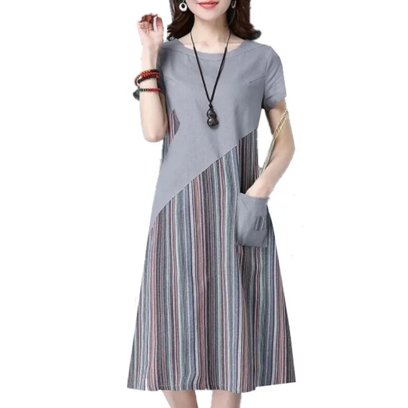 

2019 Summer Dress Loose Plus size Dress Office Lady Casual Striped patchwork Mid Long Dresses Short Sleeve pocket A-Line dress