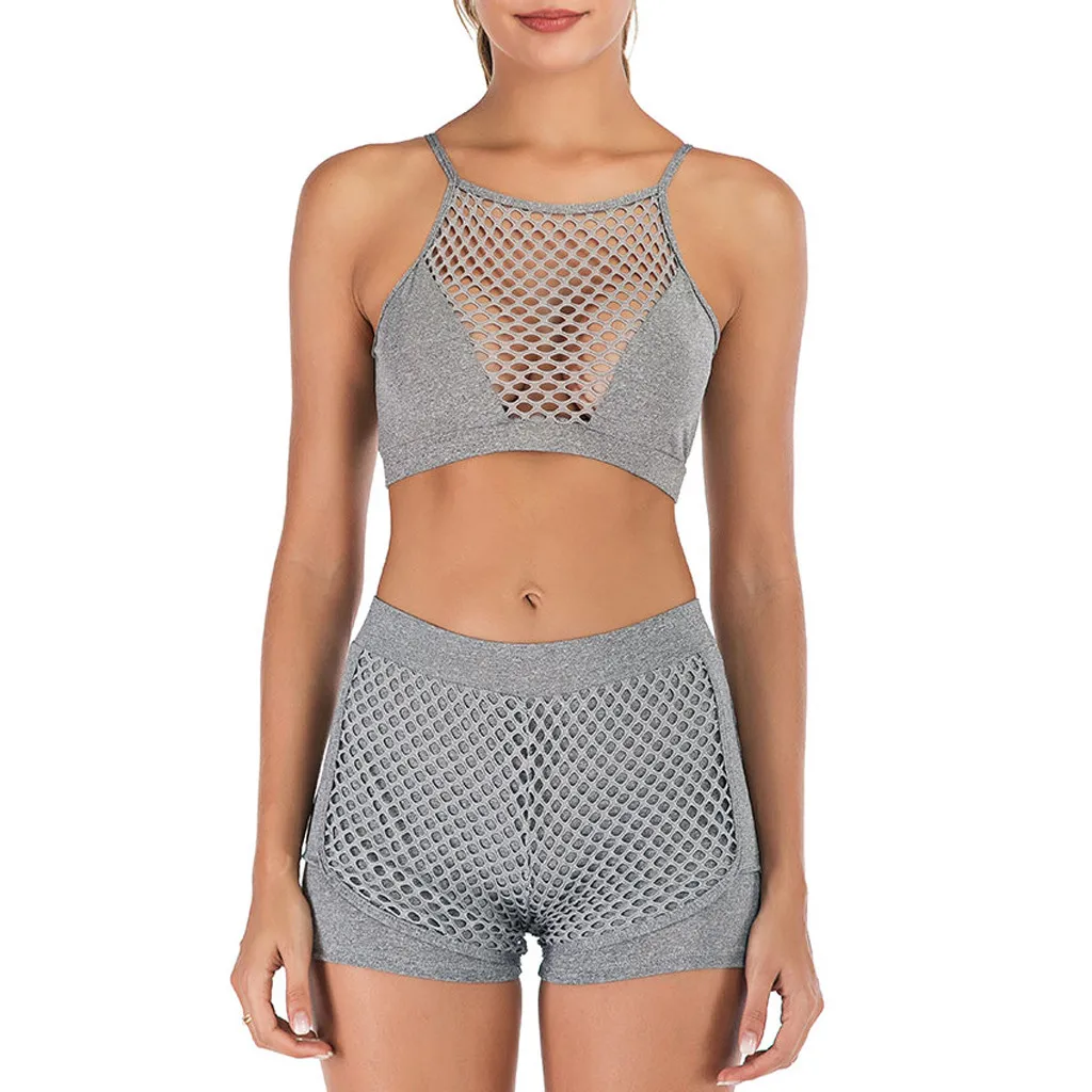 

2019 Fashion Womens Solid High Waist Perspective Yoga Vest Hollow Shorts Sport Fitness Set Elastic Tops+Pants Push Up Leggings