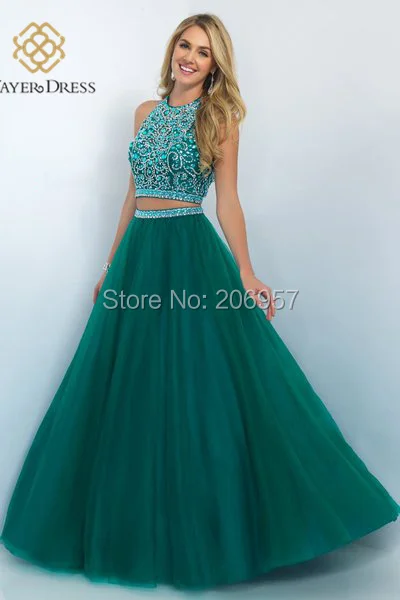 Sexy Crystal Beaded 2 Two Piece Prom Dresses Halter Backless Ball Gown Green Blue Coral Long