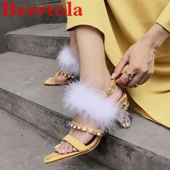 

New Women's Sandals Silk Crystal Chain Feather Decor Diamond Pattern Heels Wedding Banquet Ladies Shoes Large Size Pumps Female