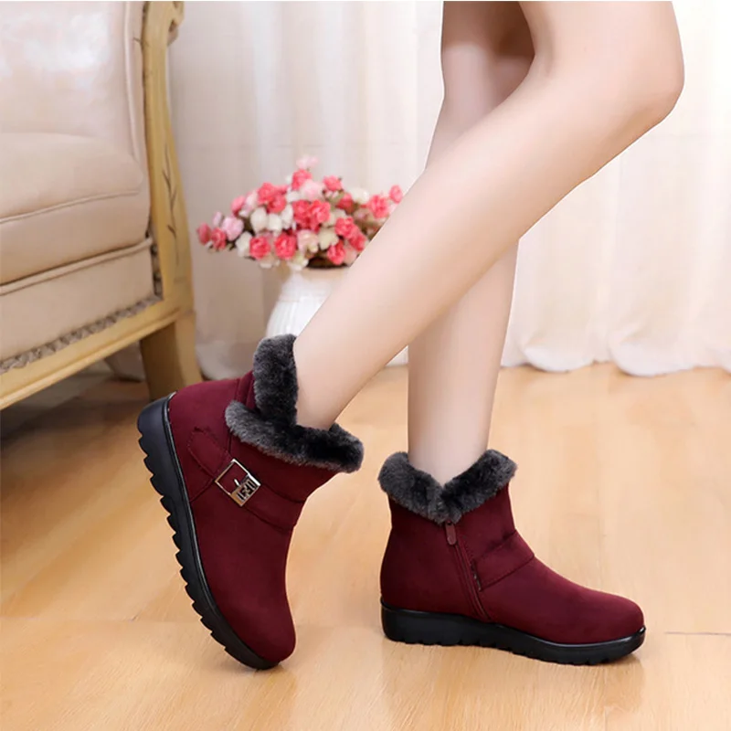 

Winter Women Ankle Boots Zip Fur Warm Snow Boots Ladies Buckle Casual Flock Shoes Plus Female Suede Comfortable Thick Heels