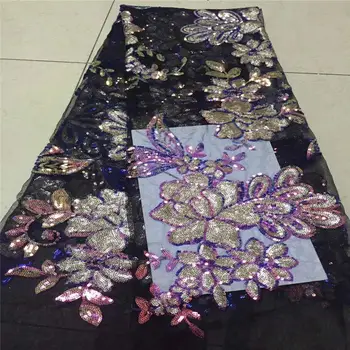 

2019 high quality sequence French Nigerian sequins net lace,African tulle mesh sequence lace fabric for dress 5yards/lot