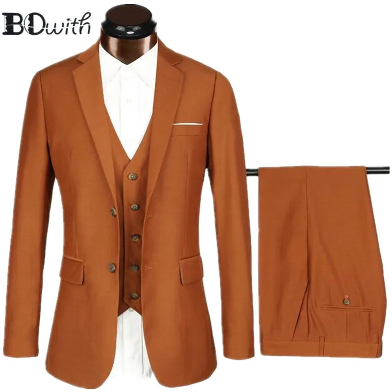 

High Quality Brown Wedding Men Suit Notched Collar Two Button 3 PCs Jacket+Pants+Vest for Wedding Groom Tuxedos Formal Suit
