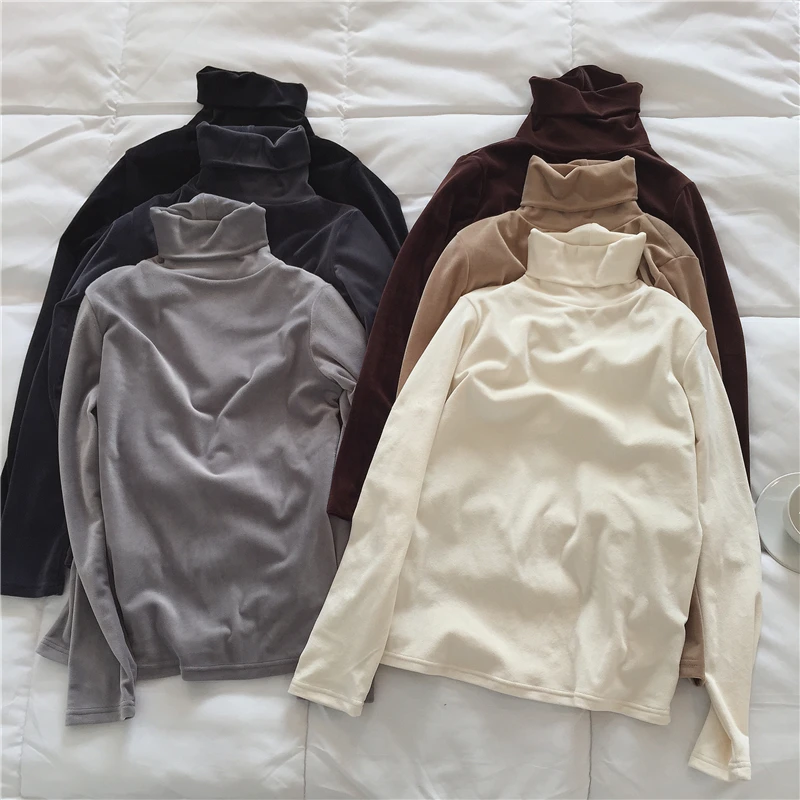 

Winter Women Warm Turtleneck Tee Shirts High Elastic Solid Slim Fitting Casual Velour T Shirts Tops Comfortable Soft