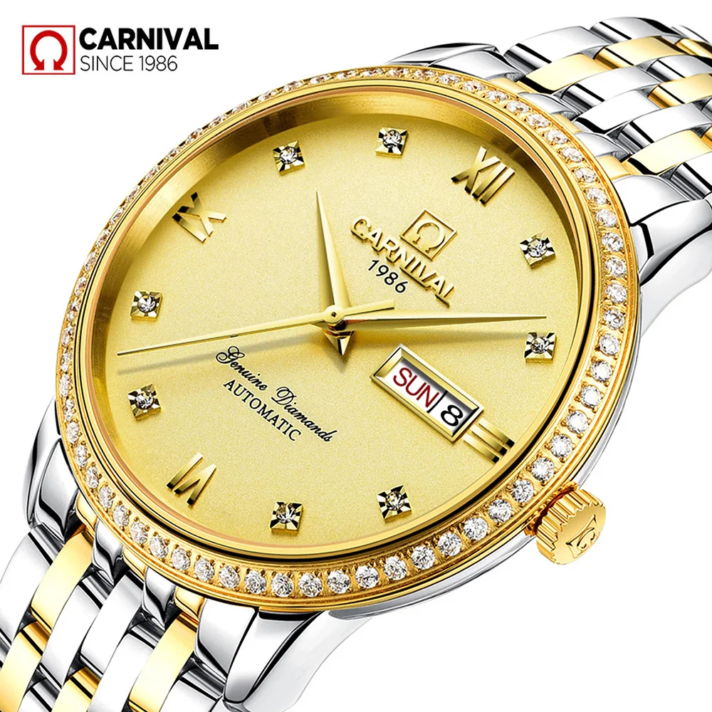 

Carnival Top Brand Luxury Automatic Mechanical Mens Watches Gold Stainless Steel Waterproof Business Male Clock montre hommes