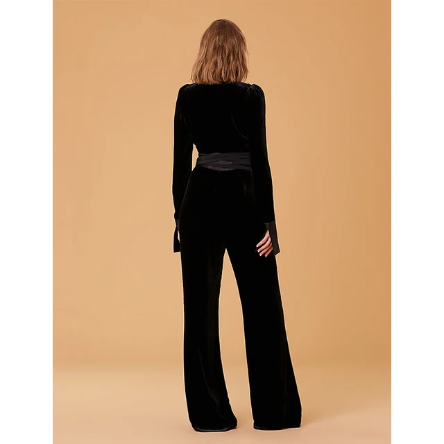 Velvet Jumpsuit Woman Deep V Neck Split Joint Satin Long Sleeve Black Ladies Elegant Slim Women Chic Runway Clothing 2