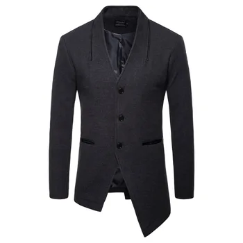 

New 2019 Winter Fashion Men's Solid Color Single Breasted Trench Coat / Male high quality Casual Slim Long Woolen Cloth Coat