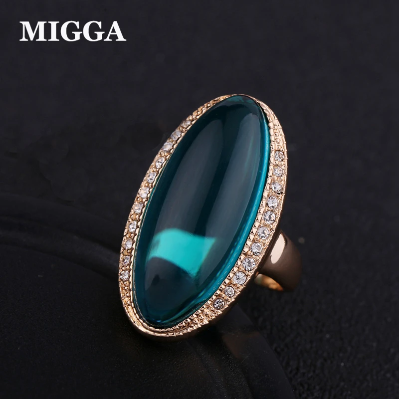 MIGGA Elegant Green Semi Precious Stone Ring for Women Ladies Rose Gold Color Party Gift Accessories