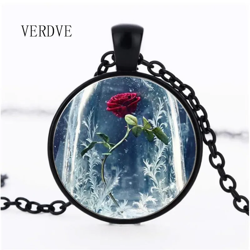 

VERDVE beauty and the beast rose crystal glass pendant necklace fashion jewelry