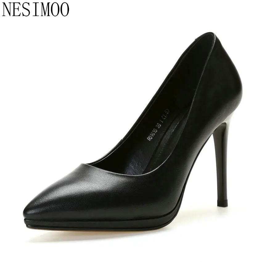 

NESIMOO 2018 OL Style Work Pumps New 2018 Women Pumps Cow Leather + Pu Thin High Heel Pointed Toe Black Lady Shoes Size 34-39