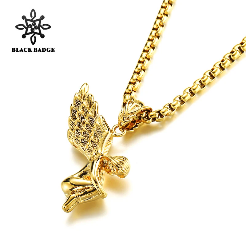 

High Grade stainless steel Angel Pendant Necklace Pure Gold Color Chain Hip-hop Necklace Jewelry For Men