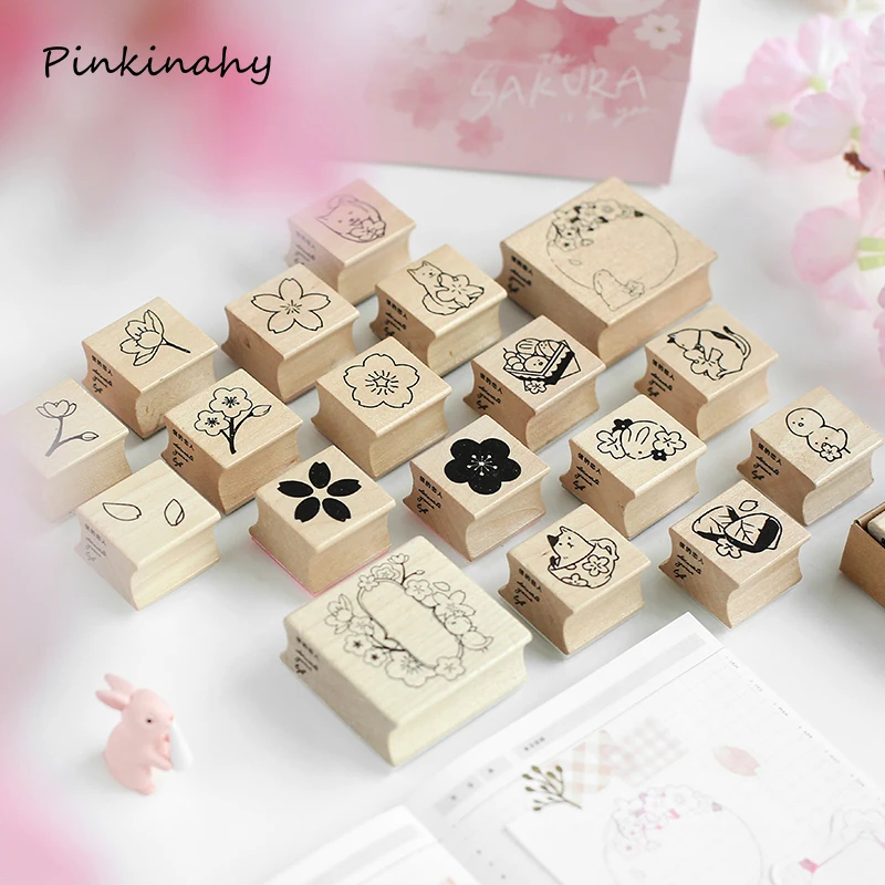 

1-4pcs/lot Lovely Wood Seal Cherry Sakura Stamp With Inkpad Diary DIY Stamp Set Student Prize Promotional Gift Stationery YZ004